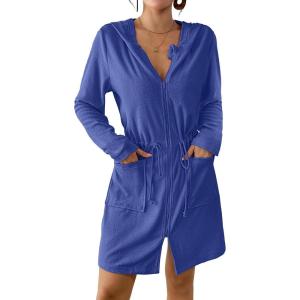 imageBsubseach Terry Cloth Cover Up  Women Zip Up Long Sleeve Swimsuit Coverup Hooded Bath Robes with PocketsBlue
