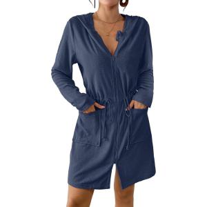 imageBsubseach Terry Cloth Cover Up  Women Zip Up Long Sleeve Swimsuit Coverup Hooded Bath Robes with PocketsNavy Blue