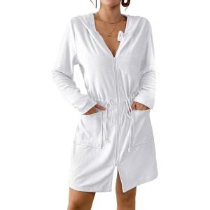 imageBsubseach Terry Cloth Cover Up  Women Zip Up Long Sleeve Swimsuit Coverup Hooded Bath Robes with PocketsWhite