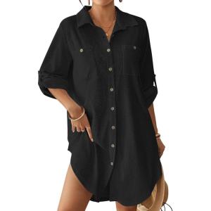 imageBsubseach Terry Cloth Swim Cover Up for Women Cotton Bathing Suit Coverup Button Down Beach Shirt Robes with PocketsBlack
