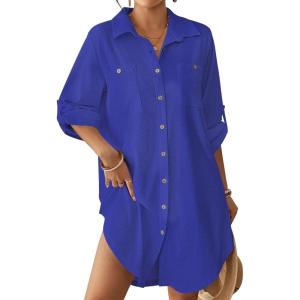 imageBsubseach Terry Cloth Swim Cover Up for Women Cotton Bathing Suit Coverup Button Down Beach Shirt Robes with PocketsBlue