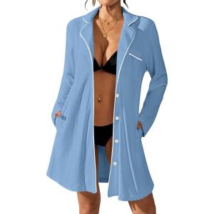 imageBsubseach Terry Cloth Swim Cover Up for Women Swimsuit Coverup Long Sleeve Button Down Bathing Suit Cover Ups with PocketsHaze Blue