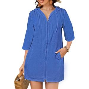 imageBsubseach Terry Cloth Swim Coverup  Women Long Sleeve Hooded Swimsuit Coverup Zipper Beach Coverups Robes with PocketsBlue