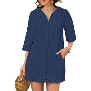 imageBsubseach Terry Cloth Swim Coverup  Women Long Sleeve Hooded Swimsuit Coverup Zipper Beach Coverups Robes with PocketsNavy Blue