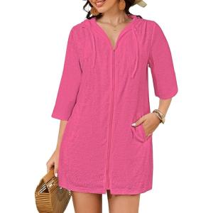 imageBsubseach Terry Cloth Swim Coverup  Women Long Sleeve Hooded Swimsuit Coverup Zipper Beach Coverups Robes with PocketsRose Red