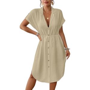 imageBsubseach Women 2025 Swimsuit Coverup Button Bathing Suit Cover Ups Short Sleeve Shirt Cover Up Dress Beach DressApricot