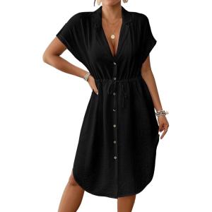 imageBsubseach Women 2025 Swimsuit Coverup Button Bathing Suit Cover Ups Short Sleeve Shirt Cover Up Dress Beach DressBlack