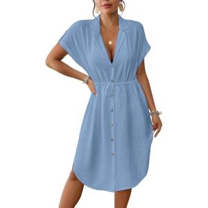 imageBsubseach Women 2025 Swimsuit Coverup Button Bathing Suit Cover Ups Short Sleeve Shirt Cover Up Dress Beach DressBlue