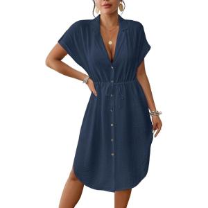 imageBsubseach Women 2025 Swimsuit Coverup Button Bathing Suit Cover Ups Short Sleeve Shirt Cover Up Dress Beach DressNavy Blue
