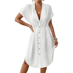 imageBsubseach Women 2025 Swimsuit Coverup Button Bathing Suit Cover Ups Short Sleeve Shirt Cover Up Dress Beach DressWhite