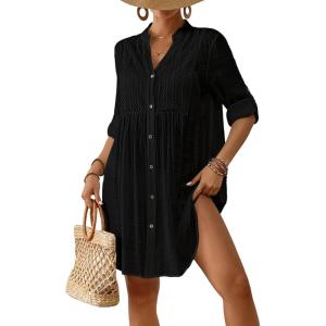 imageBsubseach Women Beach Cover Ups V Neck Button Down Swimsuit Coverup Summer Swim Long Sleeve Cover Up DressBlack