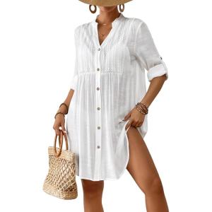 imageBsubseach Women Beach Cover Ups V Neck Button Down Swimsuit Coverup Summer Swim Long Sleeve Cover Up DressWhite