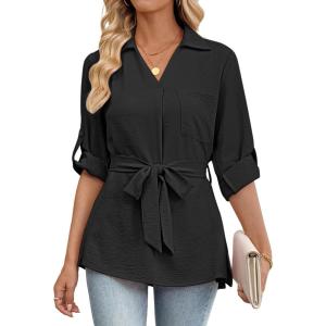 imageBsubseach Women Dressy Casual Blouse Long Sleeve Work Shirts Wrap Belted V Neck Business TopsBlack