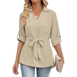 imageBsubseach Women Dressy Casual Blouse Long Sleeve Work Shirts Wrap Belted V Neck Business TopsLight Khaki