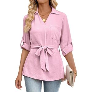 imageBsubseach Women Dressy Casual Blouse Long Sleeve Work Shirts Wrap Belted V Neck Business TopsPink
