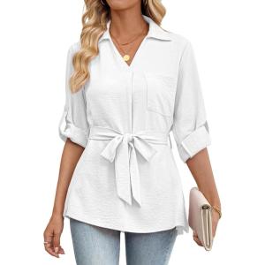 imageBsubseach Women Dressy Casual Blouse Long Sleeve Work Shirts Wrap Belted V Neck Business TopsWhite