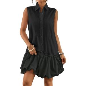 imageBsubseach Womens Casual Summer Dresses Sleeveless Linen Bubble Mini Short Dress Button Down Shirt Sundress with PocketsBlack