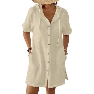 imageBsubseach Womens Swimsuit Cover Up Shirt Button Down Short Sleeve Bathingsuit Coverups Hooded Beach Coverup With PocketsApricot