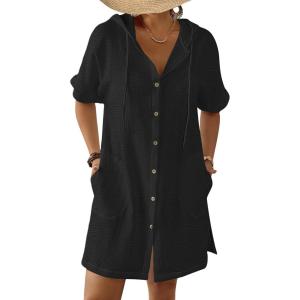 imageBsubseach Womens Swimsuit Cover Up Shirt Button Down Short Sleeve Bathingsuit Coverups Hooded Beach Coverup With PocketsBlack