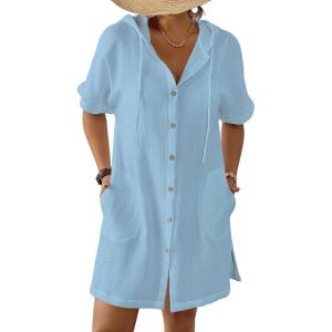 imageBsubseach Womens Swimsuit Cover Up Shirt Button Down Short Sleeve Bathingsuit Coverups Hooded Beach Coverup With PocketsSky Blue