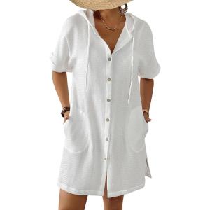 imageBsubseach Womens Swimsuit Cover Up Shirt Button Down Short Sleeve Bathingsuit Coverups Hooded Beach Coverup With PocketsWhite