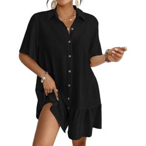 imageBsubseach Womens Swimsuit Coverup Button Down Bathing Suit Cover Up Swimwear Bell Sleeve Beach Shirt DressBlack