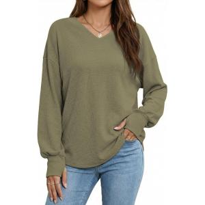 imageBsubseach Womens Waffle Knit Tops Long Sleeve V Neck Shirts Dressy Casual Blouse 2025 Fall Loose Tunic Top OutfitsArmy Green
