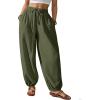 imageBsubseach Womens Cotton Harem Pants Elastic Waist Baggy Pant Drawstring Balloon Trouser Loose Beach Pants with PocketsArmy Green