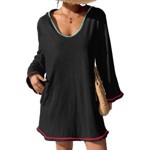 imageBsubseach Terry Cloth Cover Up Women Long Sleeve Bathing Suit Coverup Oversized Hooded Towel Dress with PocketsBlack