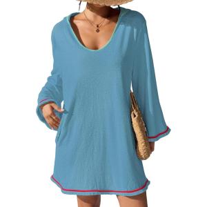 imageBsubseach Terry Cloth Cover Up Women Long Sleeve Bathing Suit Coverup Oversized Hooded Towel Dress with PocketsBlue