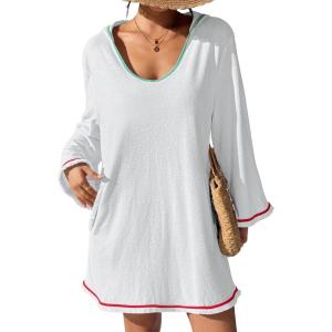 imageBsubseach Terry Cloth Cover Up Women Long Sleeve Bathing Suit Coverup Oversized Hooded Towel Dress with PocketsWhite
