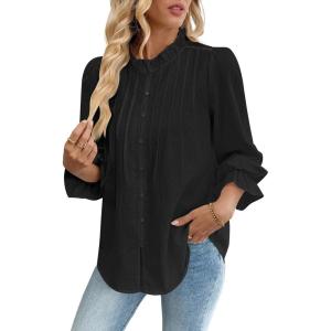 imageBsubseach Women Puff Long Sleeve Shirt Textured Button Down Cotton Work Blouse Eyelet Ruffle Collar Dressy Casual TopsBlack