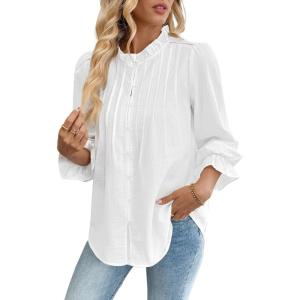 imageBsubseach Women Puff Long Sleeve Shirt Textured Button Down Cotton Work Blouse Eyelet Ruffle Collar Dressy Casual TopsWhite