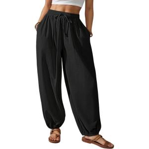 imageBsubseach Womens Cotton Harem Pants Elastic Waist Baggy Pant Drawstring Balloon Trouser Loose Beach Pants with PocketsBlack