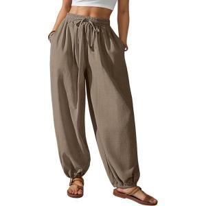 imageBsubseach Womens Cotton Harem Pants Elastic Waist Baggy Pant Drawstring Balloon Trouser Loose Beach Pants with PocketsCoffee