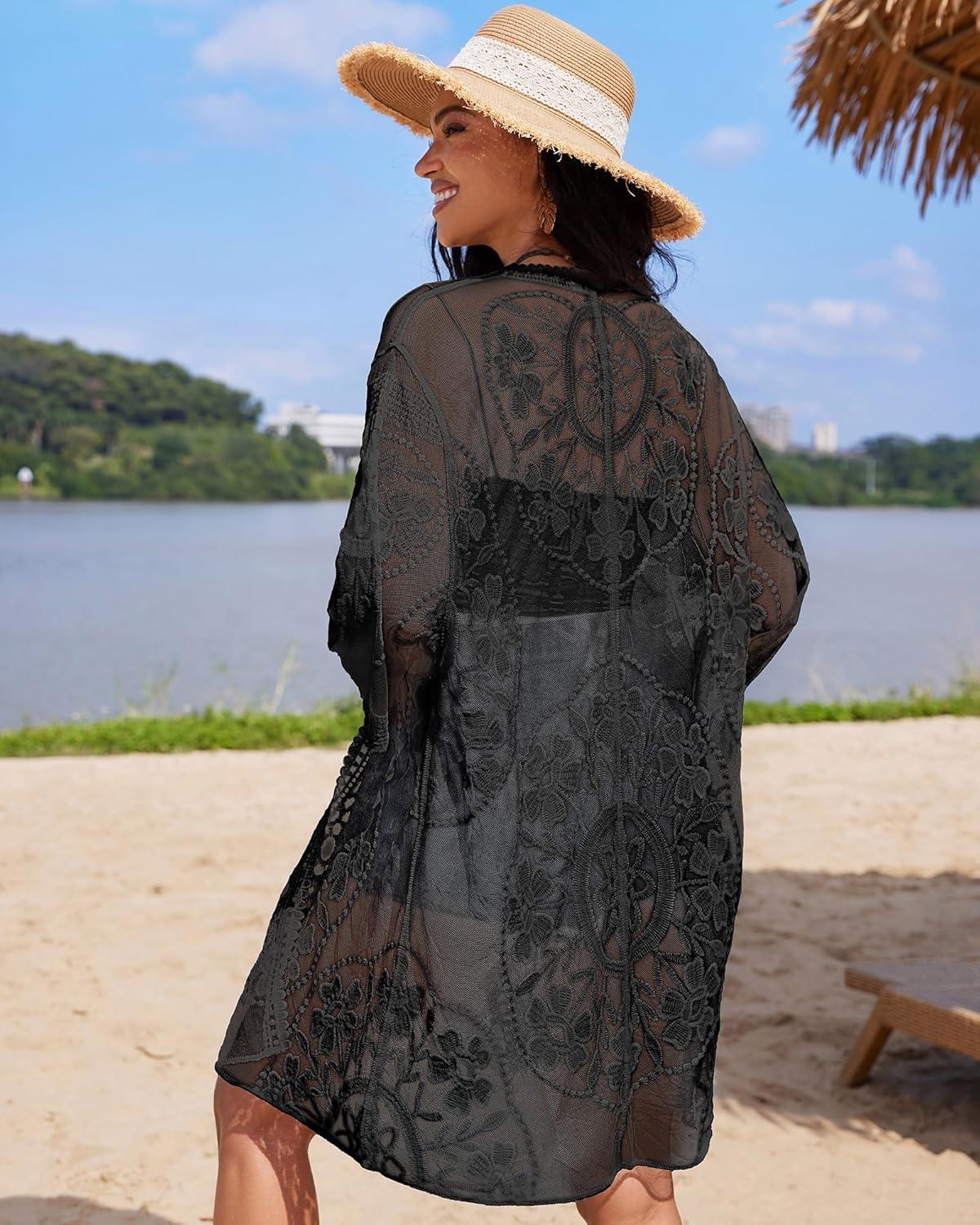 imageBsubseach 2025 Kimonos for Women Lace Swimsuit Coverup Mesh Swim Cover Up Beach Vacation Sheer Kimono Duster CardigansBblack