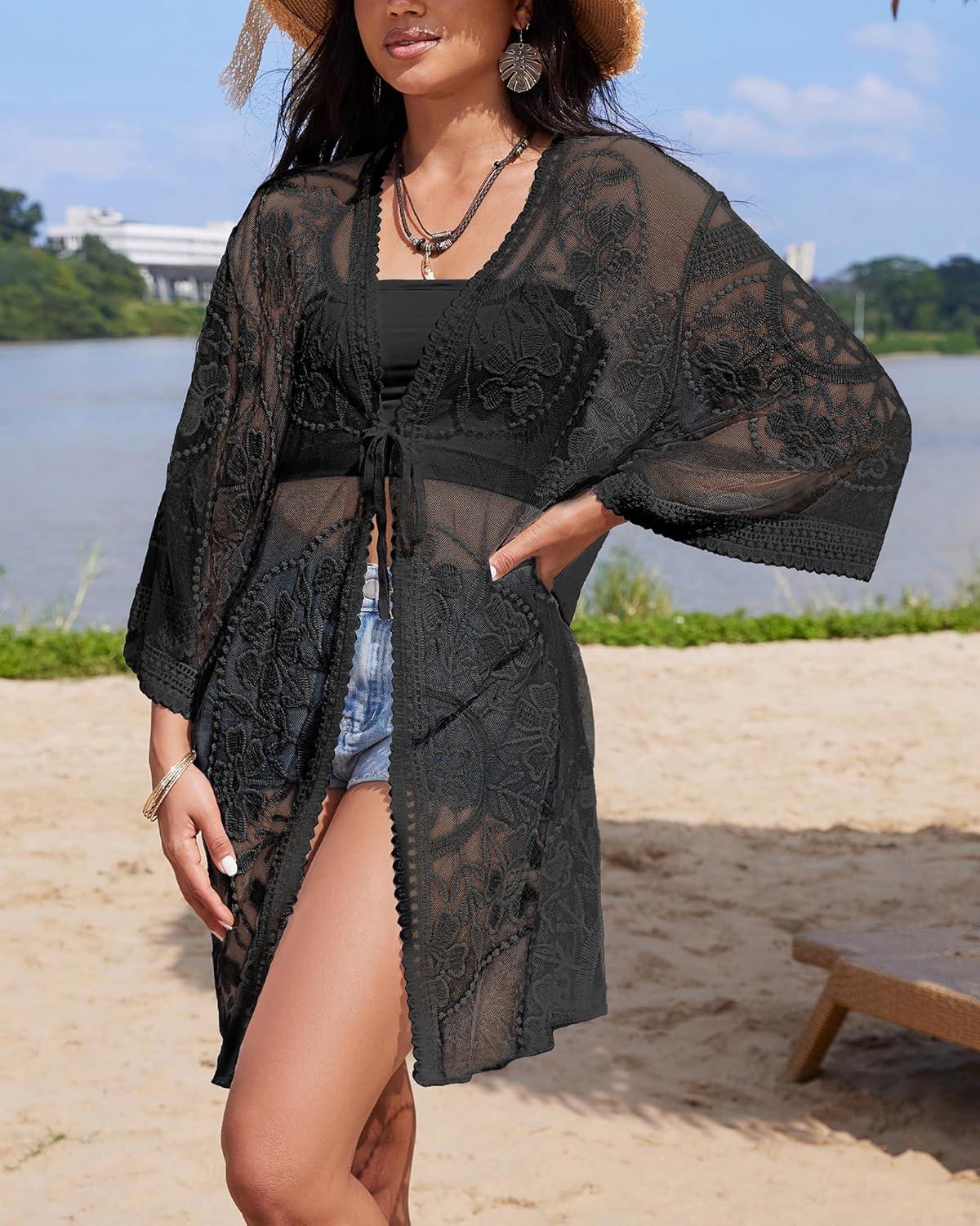 imageBsubseach 2025 Kimonos for Women Lace Swimsuit Coverup Mesh Swim Cover Up Beach Vacation Sheer Kimono Duster CardigansBblack
