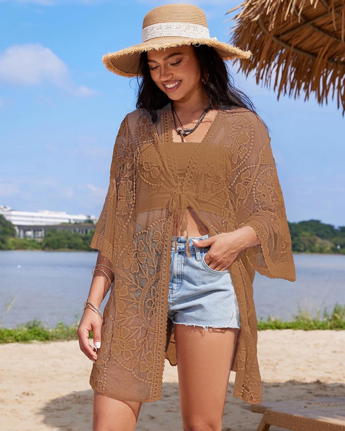 imageBsubseach 2025 Kimonos for Women Lace Swimsuit Coverup Mesh Swim Cover Up Beach Vacation Sheer Kimono Duster CardigansBbrown