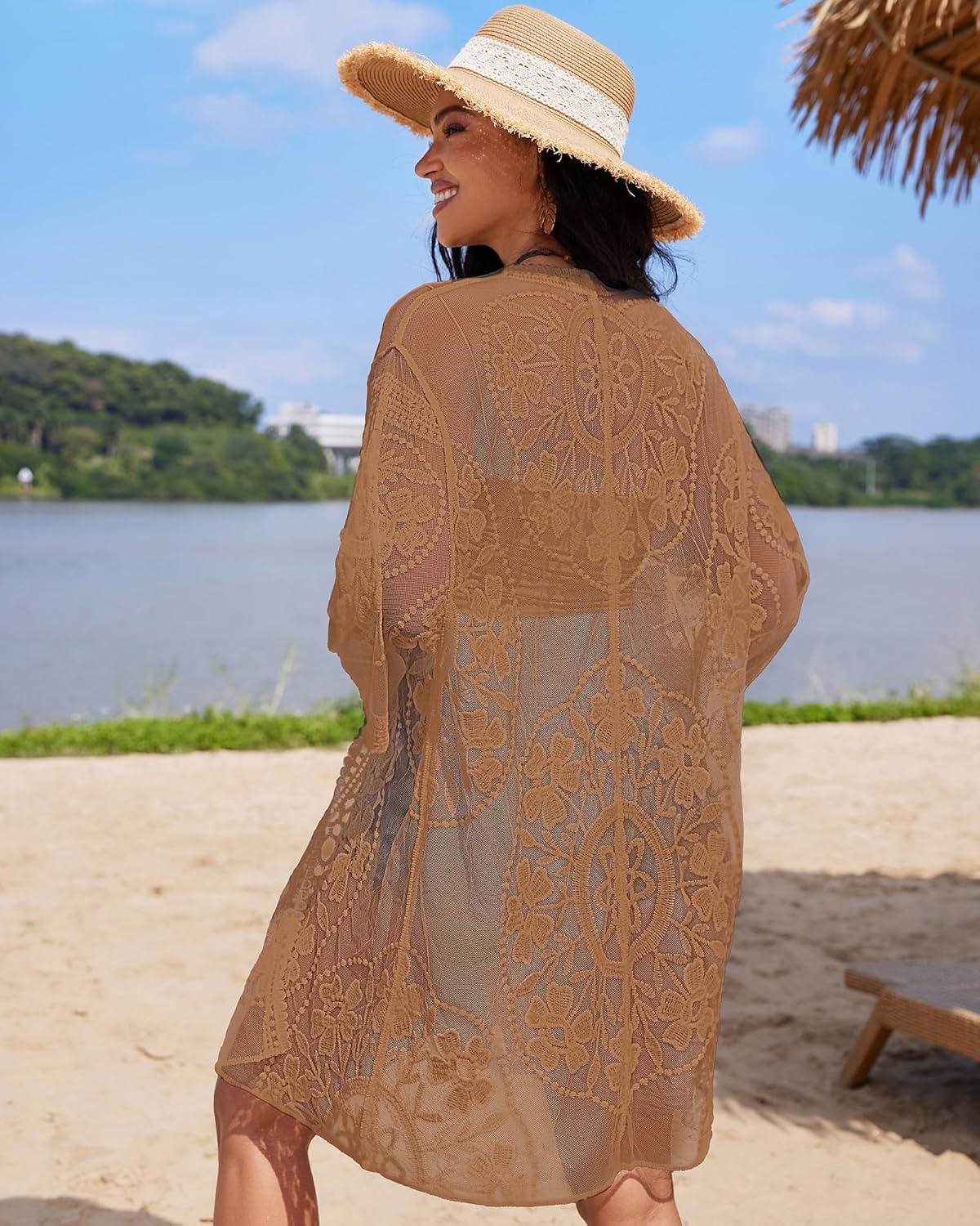 imageBsubseach 2025 Kimonos for Women Lace Swimsuit Coverup Mesh Swim Cover Up Beach Vacation Sheer Kimono Duster CardigansBbrown