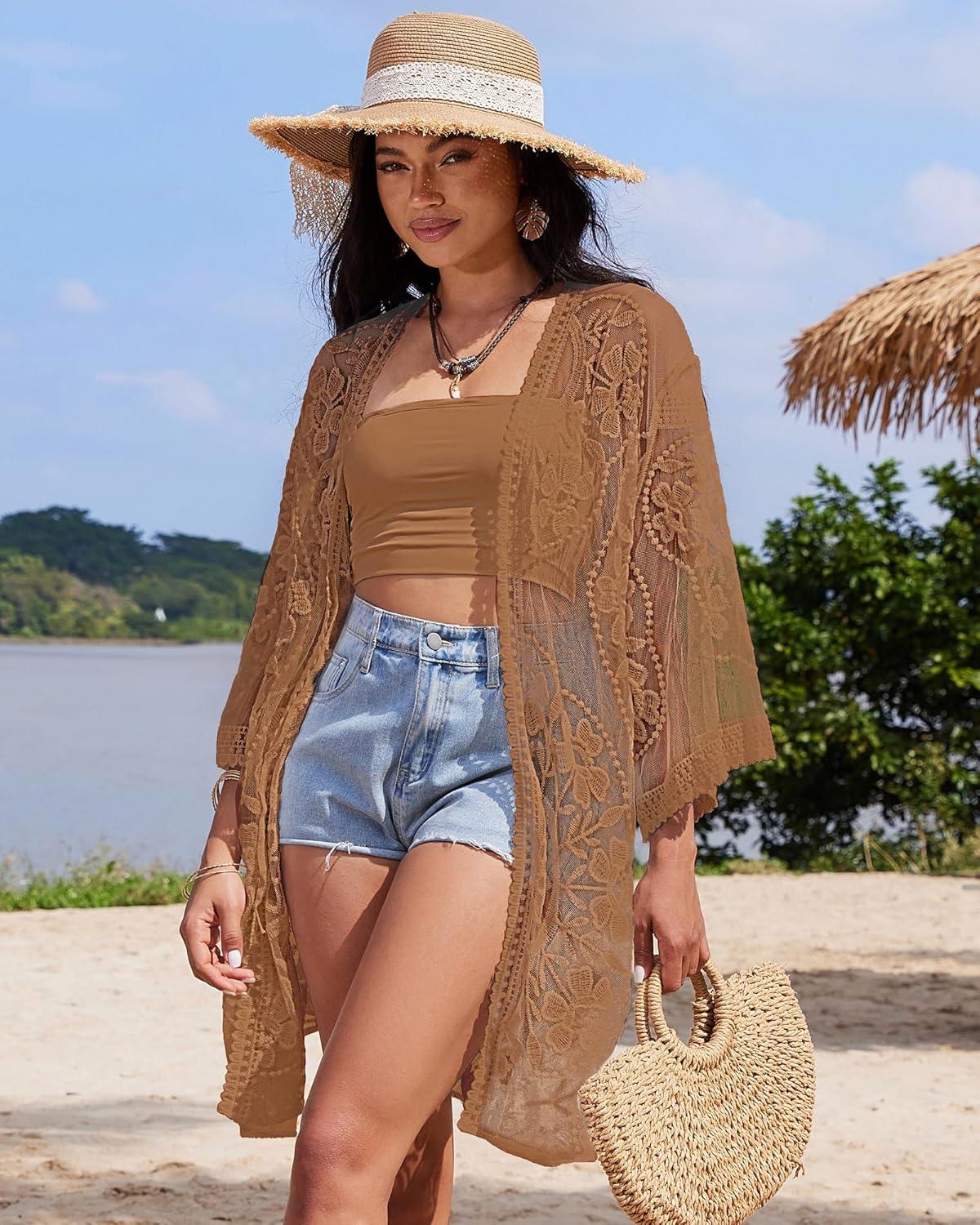 imageBsubseach 2025 Kimonos for Women Lace Swimsuit Coverup Mesh Swim Cover Up Beach Vacation Sheer Kimono Duster CardigansBbrown