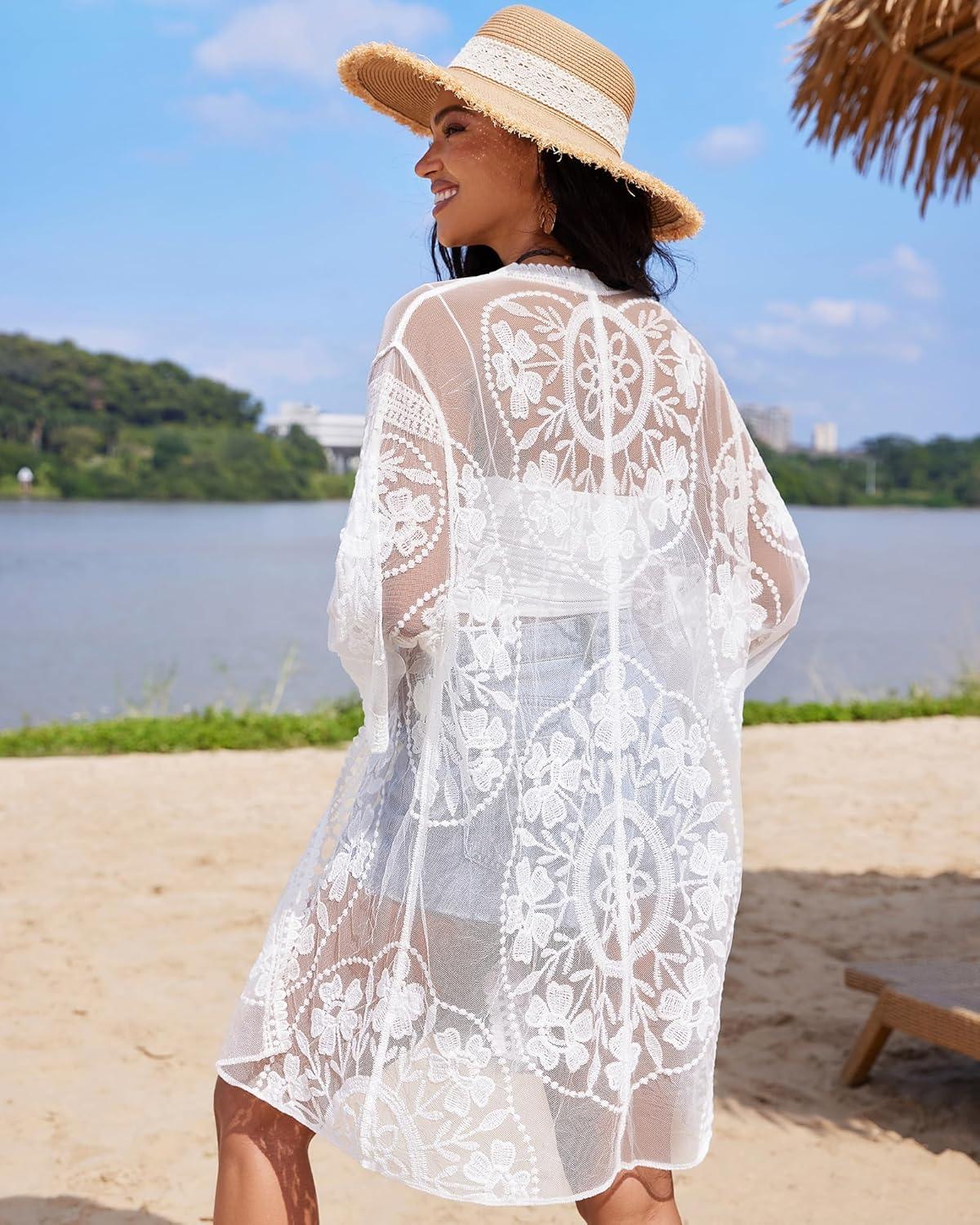 imageBsubseach 2025 Kimonos for Women Lace Swimsuit Coverup Mesh Swim Cover Up Beach Vacation Sheer Kimono Duster CardigansBwhite