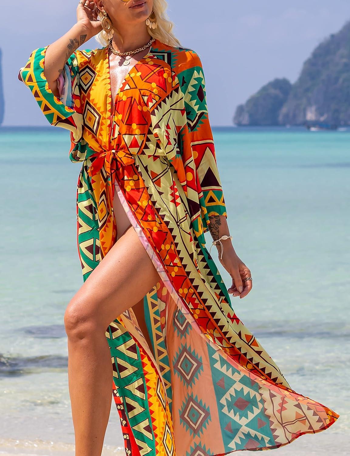 imageBsubseach Beach Cover Ups for Women 2025 Kimonos Robe Cardigans Long Beach Dress Swimsuit Cover Up with BeltOrange