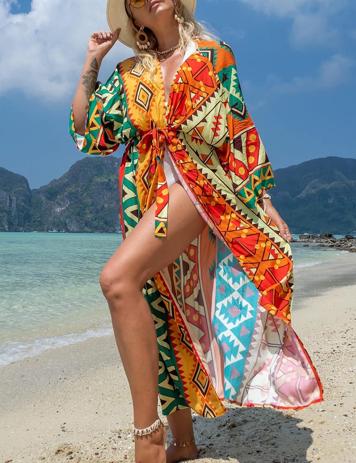 imageBsubseach Beach Cover Ups for Women 2025 Kimonos Robe Cardigans Long Beach Dress Swimsuit Cover Up with BeltOrange