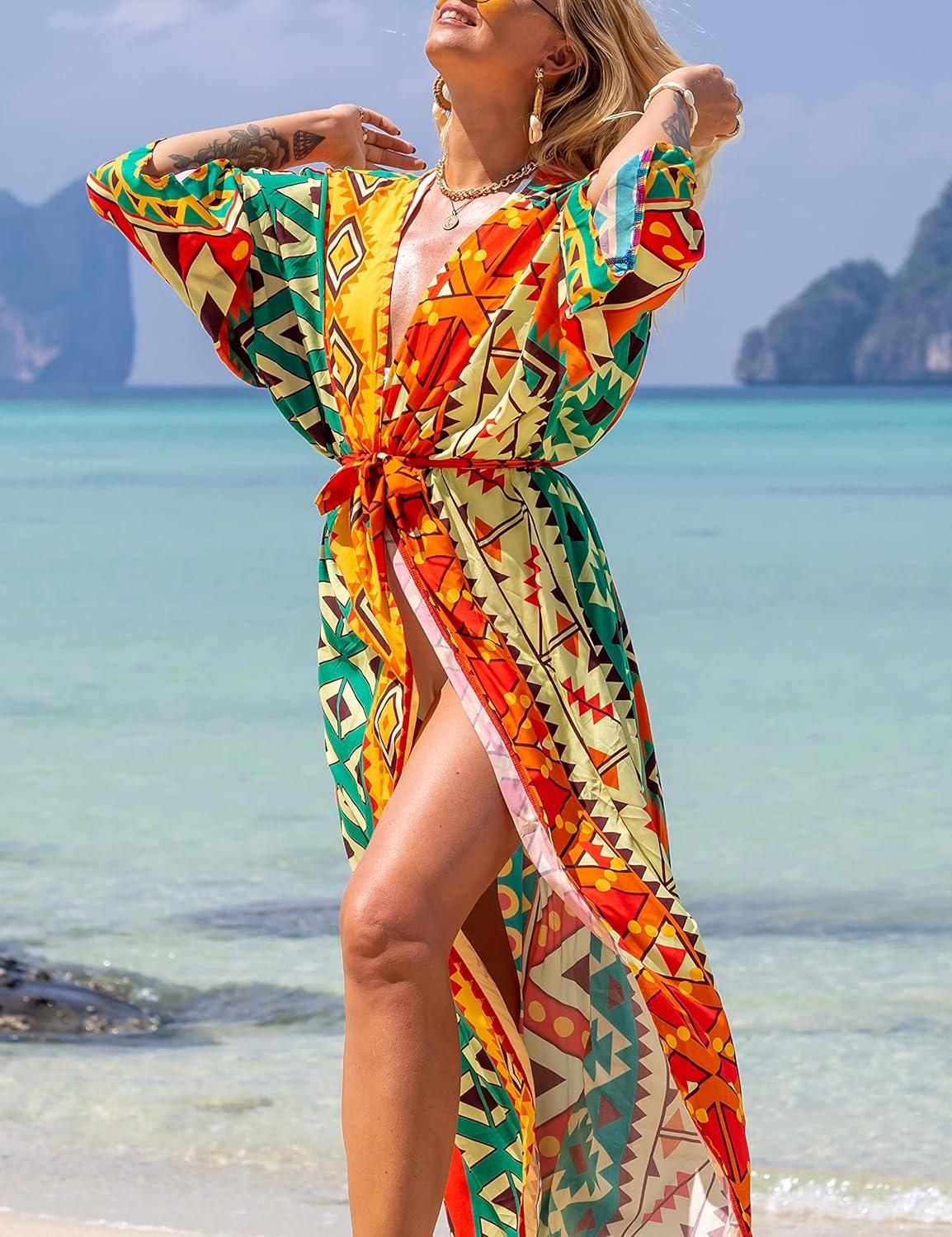 imageBsubseach Beach Cover Ups for Women 2025 Kimonos Robe Cardigans Long Beach Dress Swimsuit Cover Up with BeltOrange