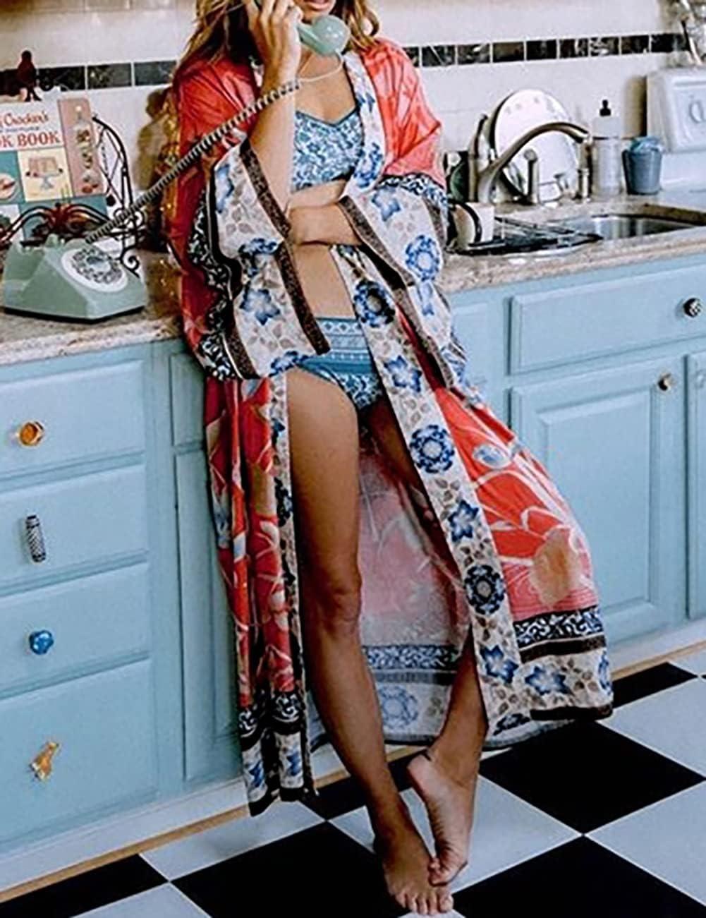 imageBsubseach Beach Cover Ups for Women 2025 Kimonos Robe Cardigans Long Beach Dress Swimsuit Cover Up with BeltRed