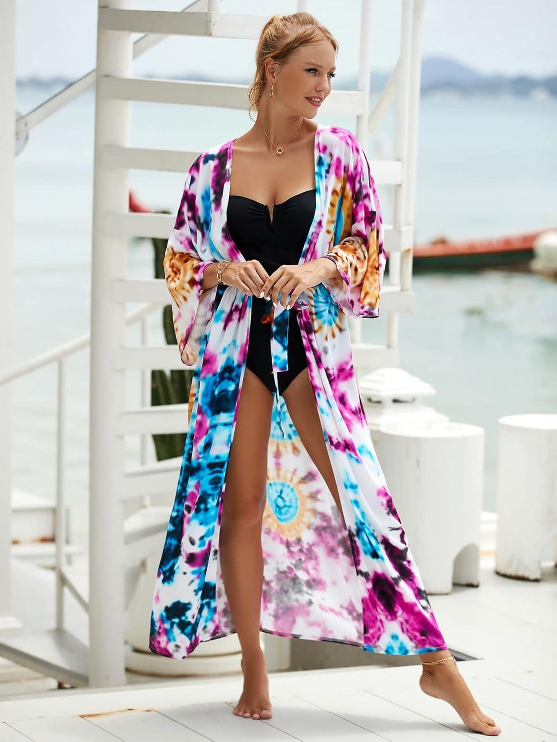 imageBsubseach Kimono Swimsuit Cover Ups for Women Robe Pool Cover Up Long Beach Dress Colorful Cardigan for SwimwearBhalo Dyeing