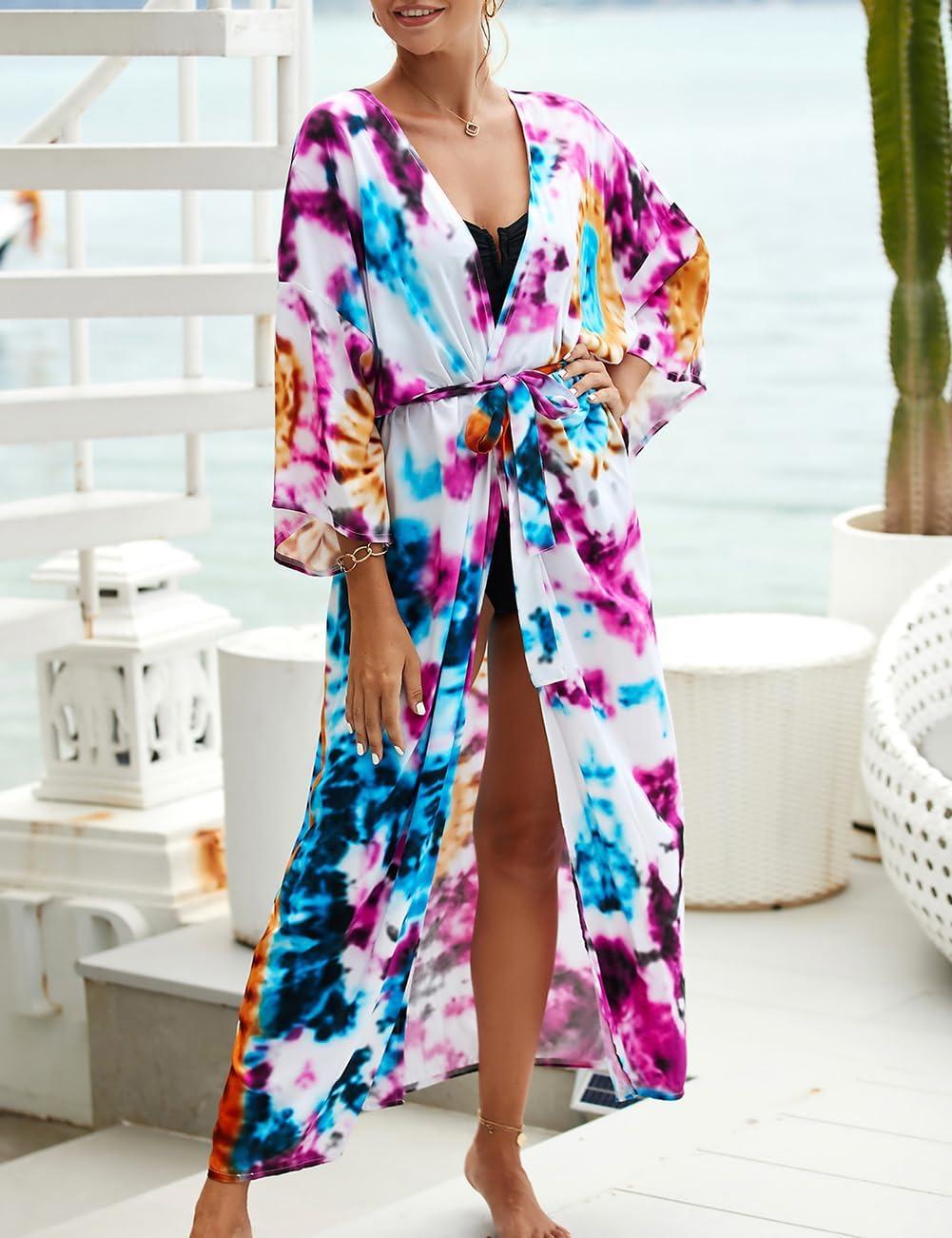 imageBsubseach Kimono Swimsuit Cover Ups for Women Robe Pool Cover Up Long Beach Dress Colorful Cardigan for SwimwearBhalo Dyeing