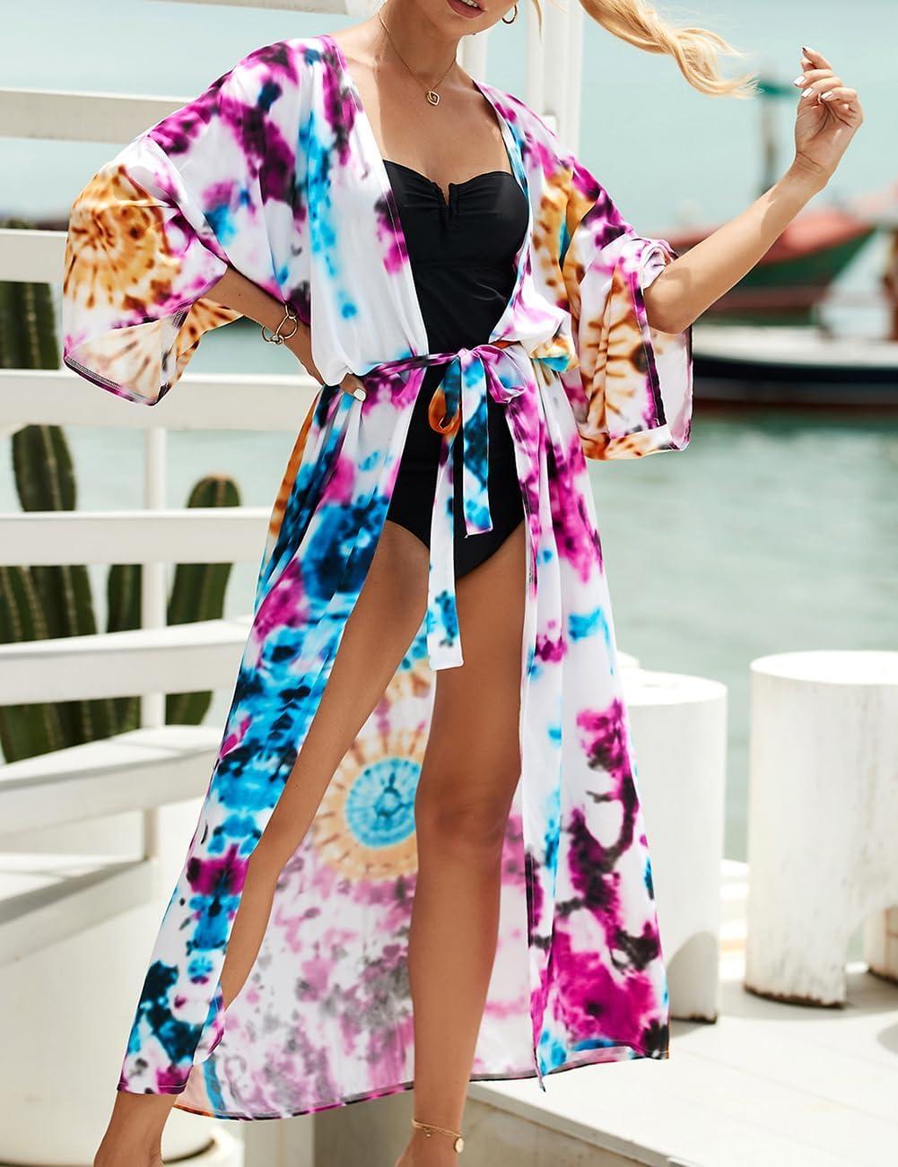 imageBsubseach Kimono Swimsuit Cover Ups for Women Robe Pool Cover Up Long Beach Dress Colorful Cardigan for SwimwearBhalo Dyeing