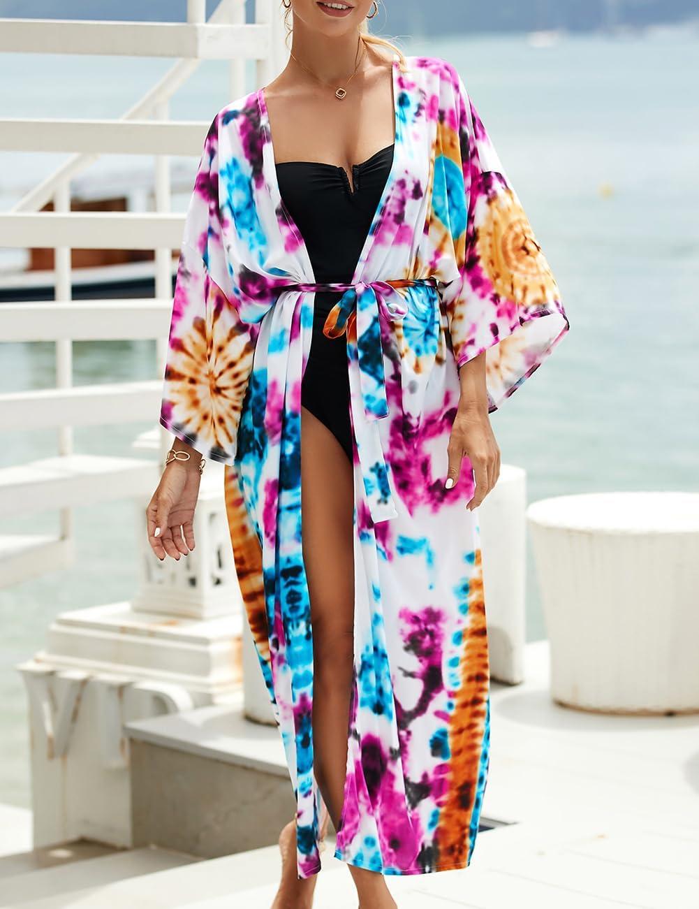 imageBsubseach Kimono Swimsuit Cover Ups for Women Robe Pool Cover Up Long Beach Dress Colorful Cardigan for SwimwearBhalo Dyeing