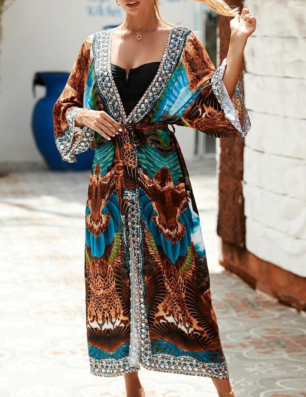 imageBsubseach Kimono Swimsuit Cover Ups for Women Robe Pool Cover Up Long Beach Dress Colorful Cardigan for SwimwearBhawks